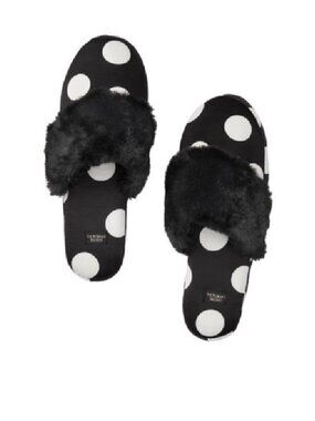 Victoria's Secret | Black and White Polka Dot Fur Slippers | Size Medium